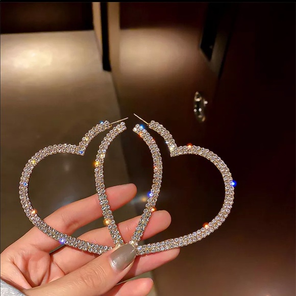 New Big Heart Diamond Hoop Earrings - Picture 2 of 5